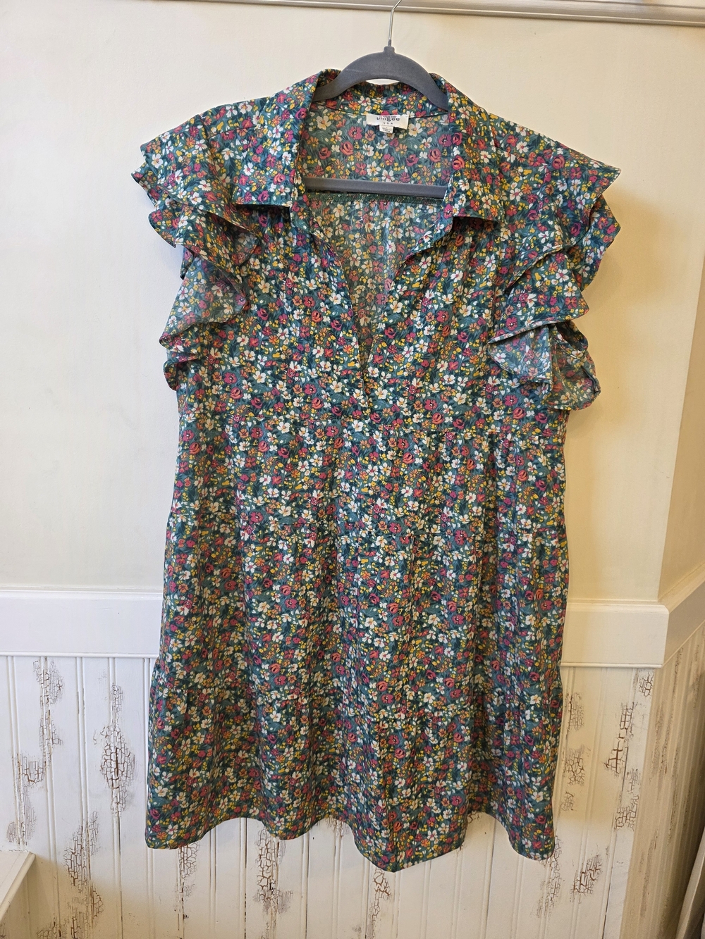 Umgee Floral Ruffle-Sleeve Shift Dress - Green Multi